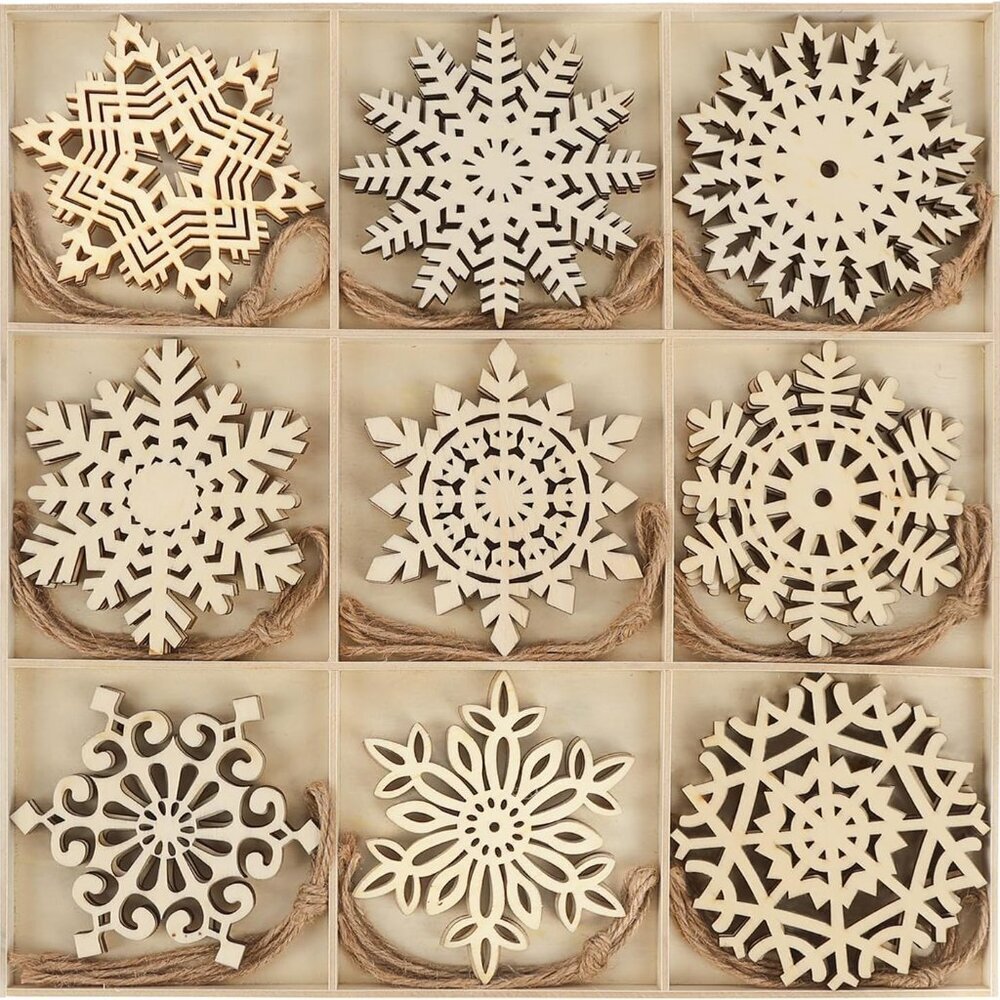 27pcs Wooden Snowflakes Shaped Embellishments Hanging Ornaments for Christmas De